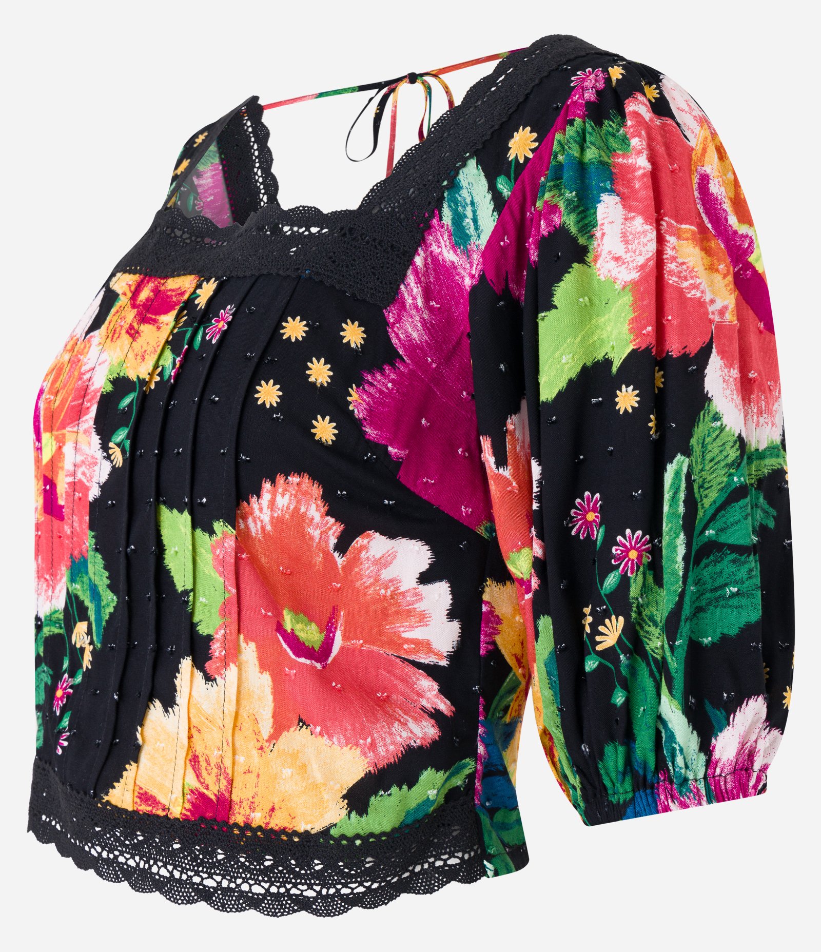 Blusa Cropped em Viscose com Detalhes em Renda e Estampa Floral Preto 7