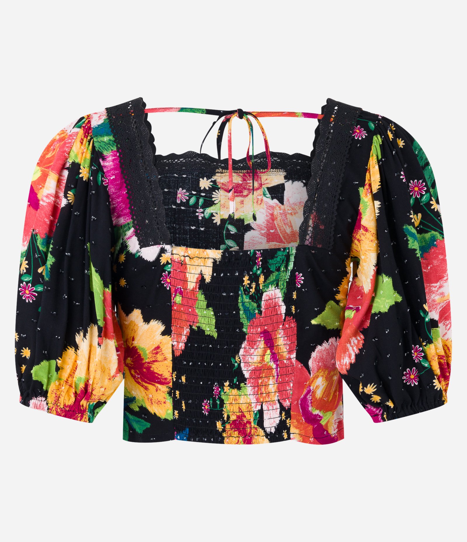Blusa Cropped em Viscose com Detalhes em Renda e Estampa Floral Preto 8