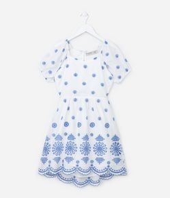 Vestido Infantil em Tricoline com Bordado Floral - Tam 5 a 14 Anos