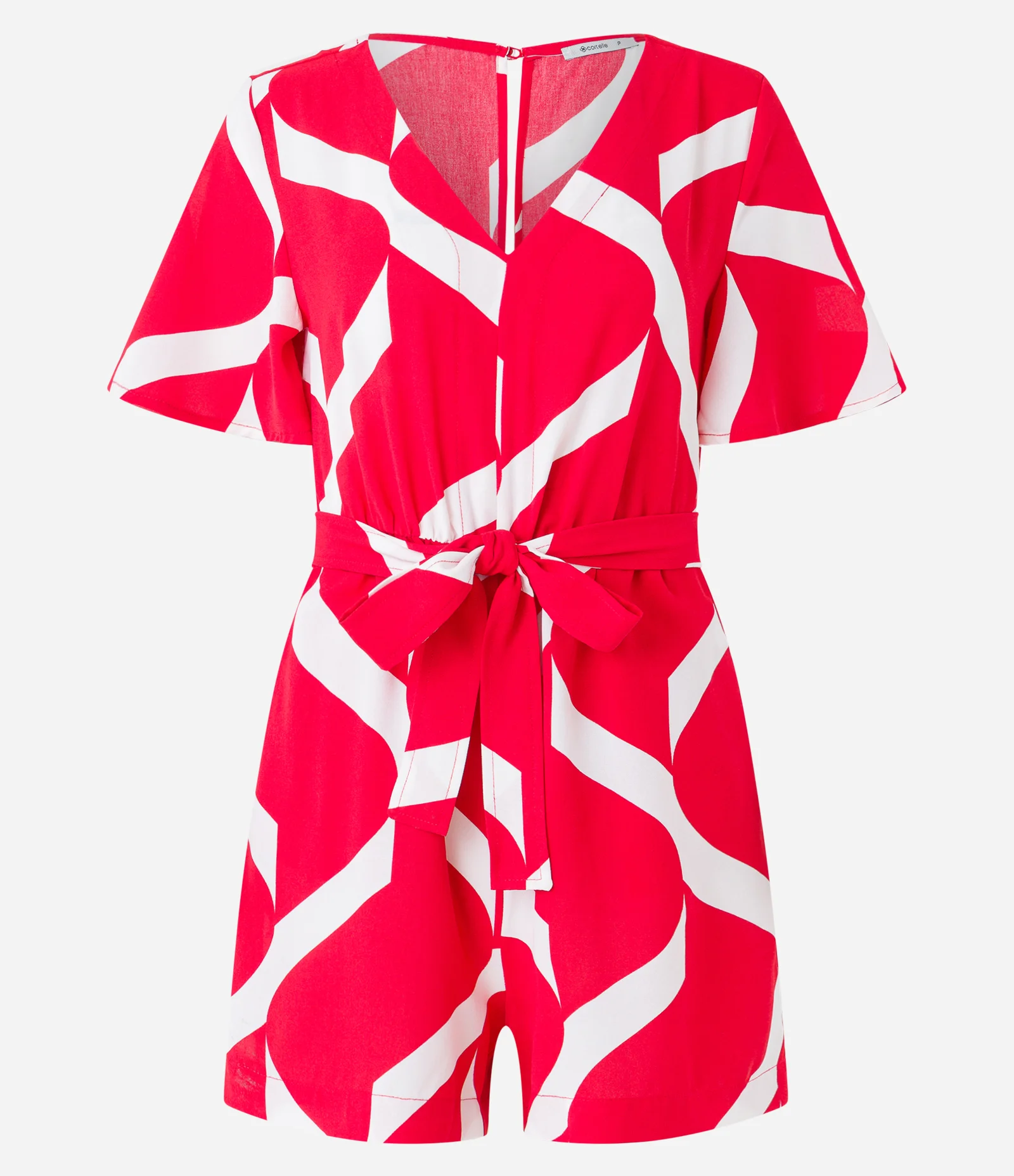 Macaquinho em Efeito Airflow com Decote em V e Cadarço na Cintura Vermelho e Branco 1