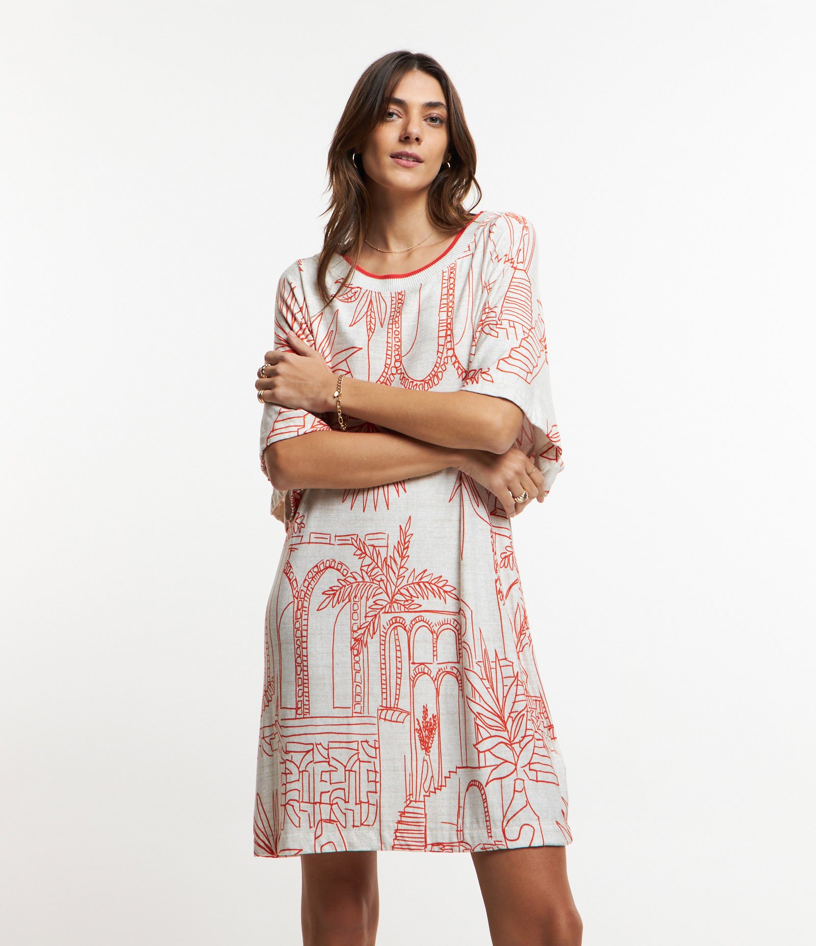 Vestido em Viscose com Detalhe Contrastante e Estampa Paisagem Crú 1