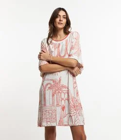 Vestido em Viscose com Detalhe Contrastante e Estampa Paisagem