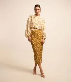 Saia Lápis Acetinada com Estampa Rajada