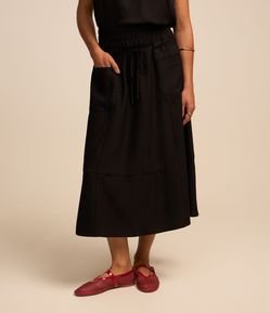 Saia Evasê Midi em Crepe com Amarração e Bolsos