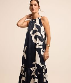 Vestido Evasê Midi Acetinado com Estampa Abstrata