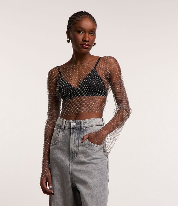 Blusa Cropped em Tela Metalizada com Strass