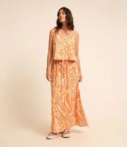 Saia Reta Longa em Viscolinho com Folhagens Tribais Estampadas