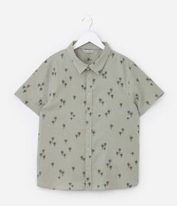 Camisa Infantil em Linho com Estampa Coqueiros - Tam 5 a 14 Anos