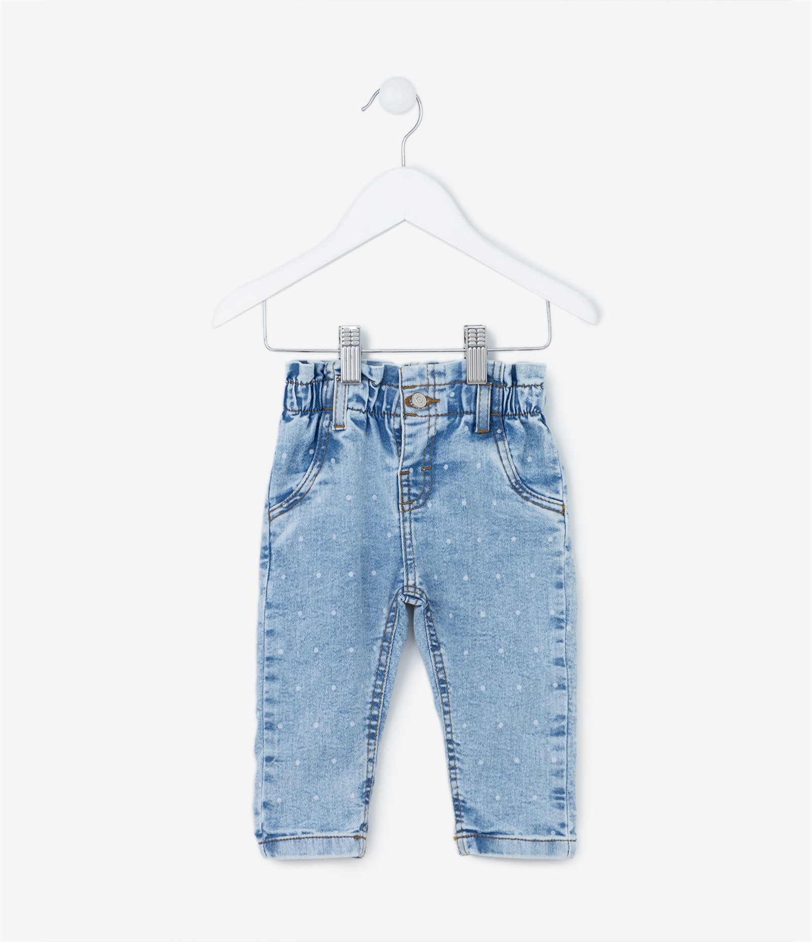 Calça Clochard Infantil em Jeans com Estampa em Poá - Tam 3 a 18 Meses Azul 1