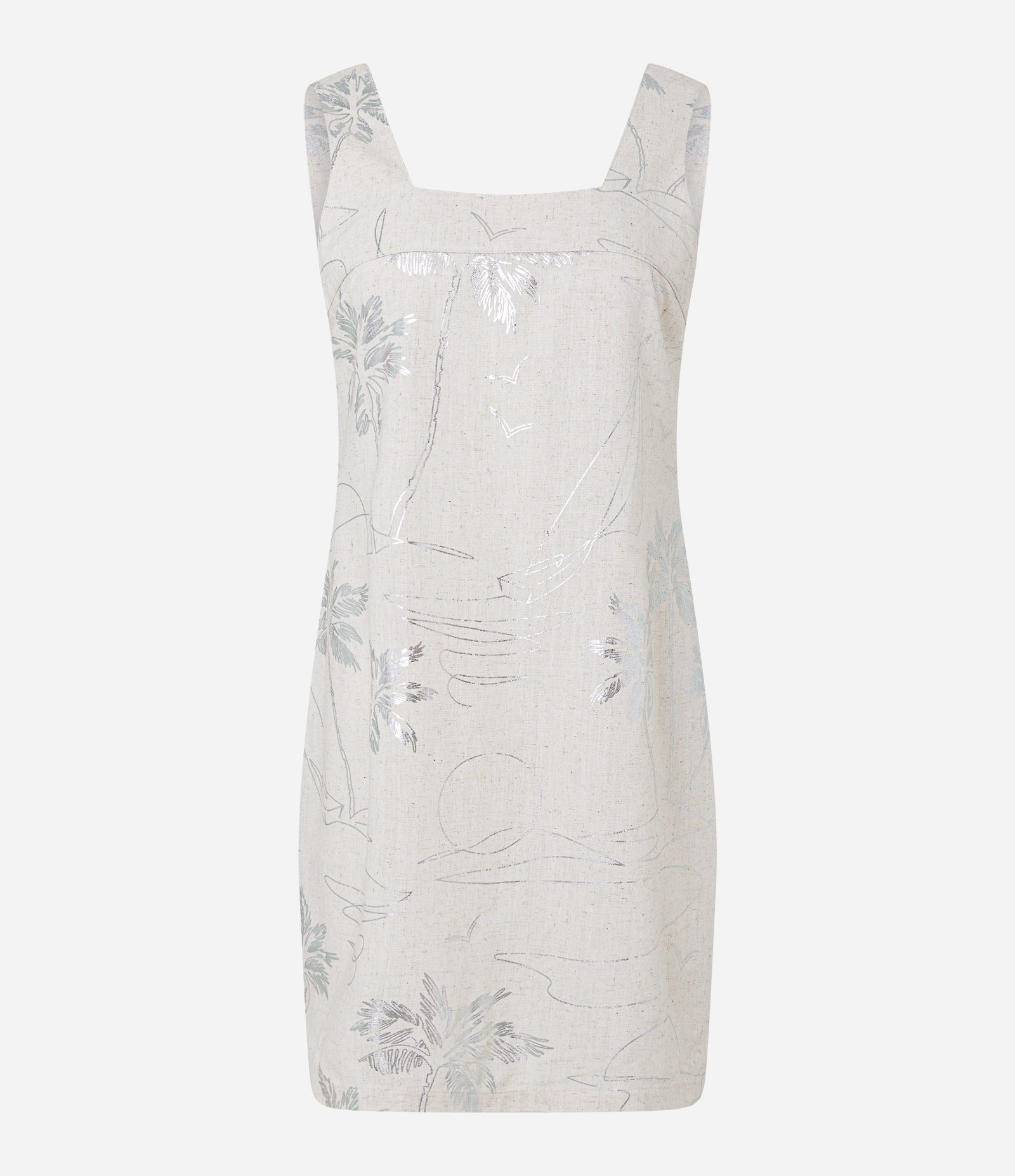 Vestido Curto em Viscolinho com Estampa Tropical de Foil Bege 4