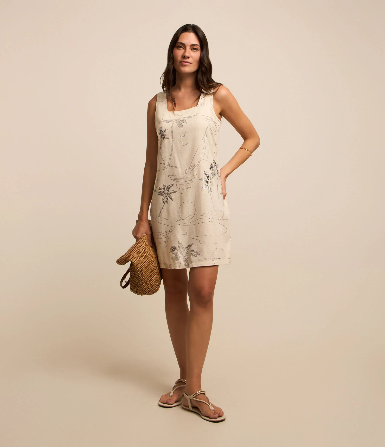 Vestido Curto em Viscolinho com Estampa Tropical de Foil Bege 2