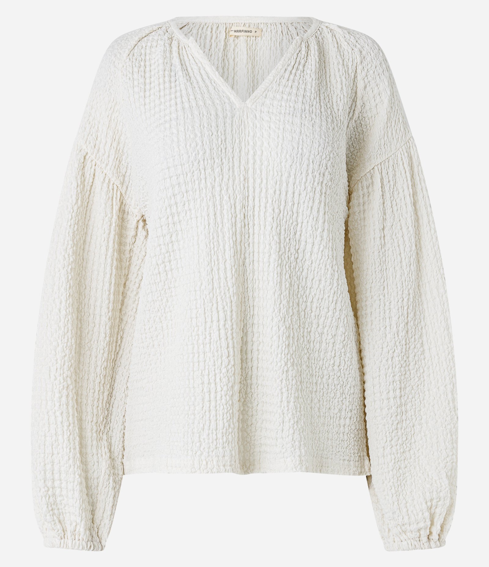 Blusa Texturizada com Gola V e Manga Bufante 1