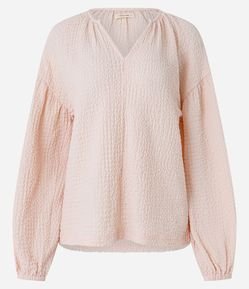 Blusa Texturizada com Gola V e Manga Bufante