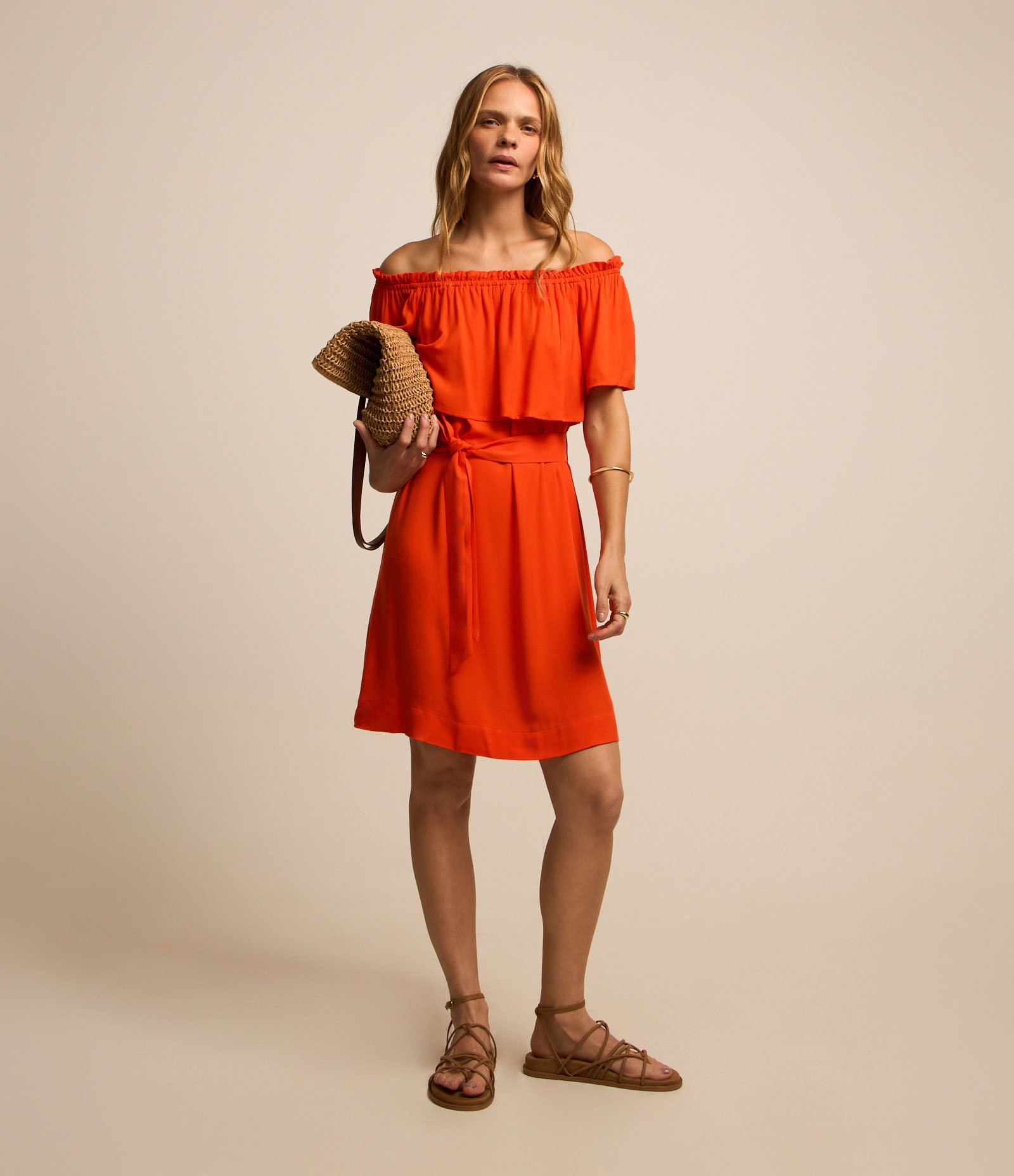 Vestido Evasê em Twill Ombro a Ombro com Amarração na Cintura Laranja 3