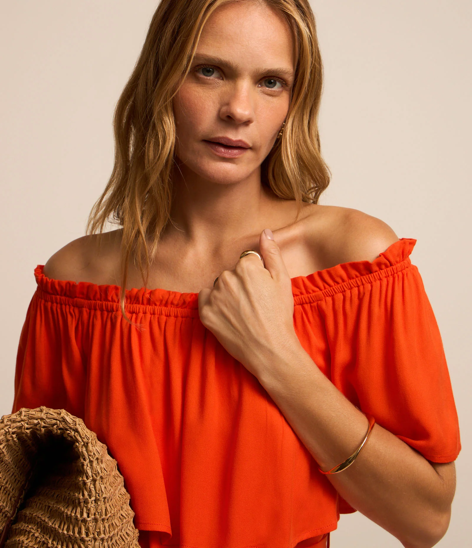 Vestido Evasê em Twill Ombro a Ombro com Amarração na Cintura Laranja 4