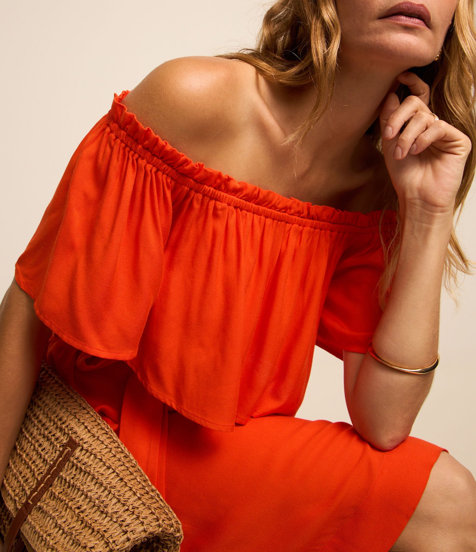 Vestido Evasê em Twill Ombro a Ombro com Amarração na Cintura Laranja 5