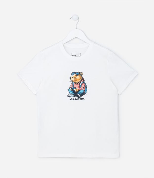 Camiseta Infantil com Estampa de Capivara Jogando Video Game - Tam 5 a 14 anos