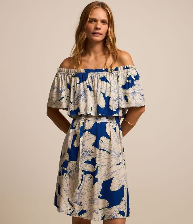 Vestido Curto Ombro a Ombro em Twill com Flores Estampadas