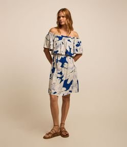 Vestido Curto Ombro a Ombro em Twill com Flores Estampadas