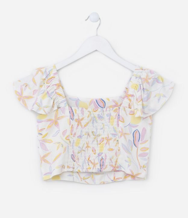 Blusa Cropped Infantil com Babados e Estampa Floral - Tam 5 a 14 Anos