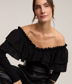 Blusa em Ribana com Decote V e Babados Duplos