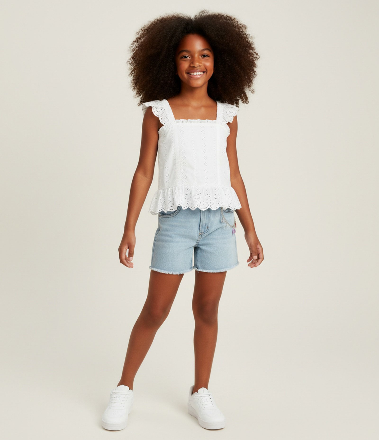Blusa Infantil em Tricoline com Alça de Broderie - Tam 5 a 14 Anos Branco 1