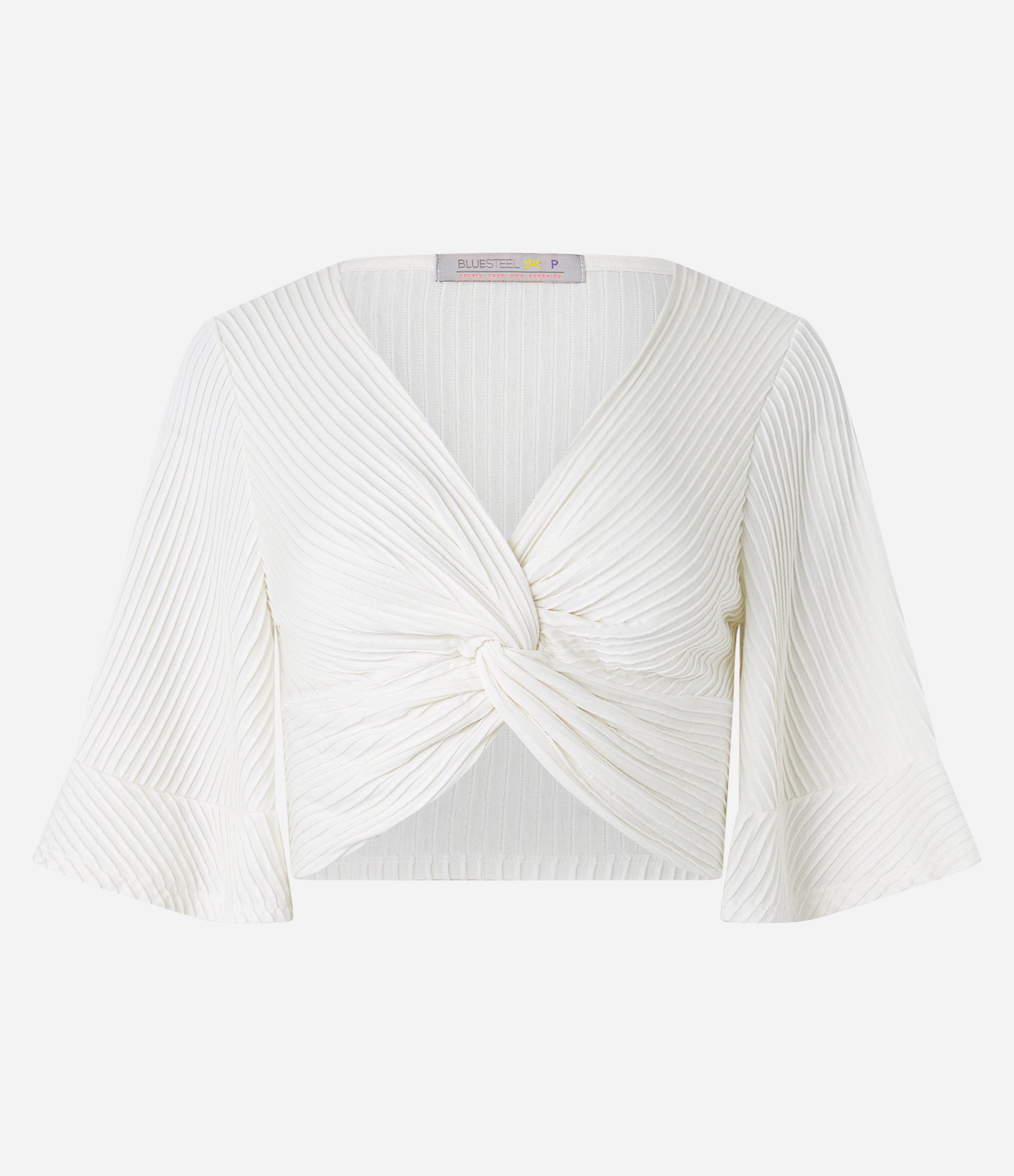 Blusa Cropped Texturizada com Decote Torcido e Manga Godê Branco 5
