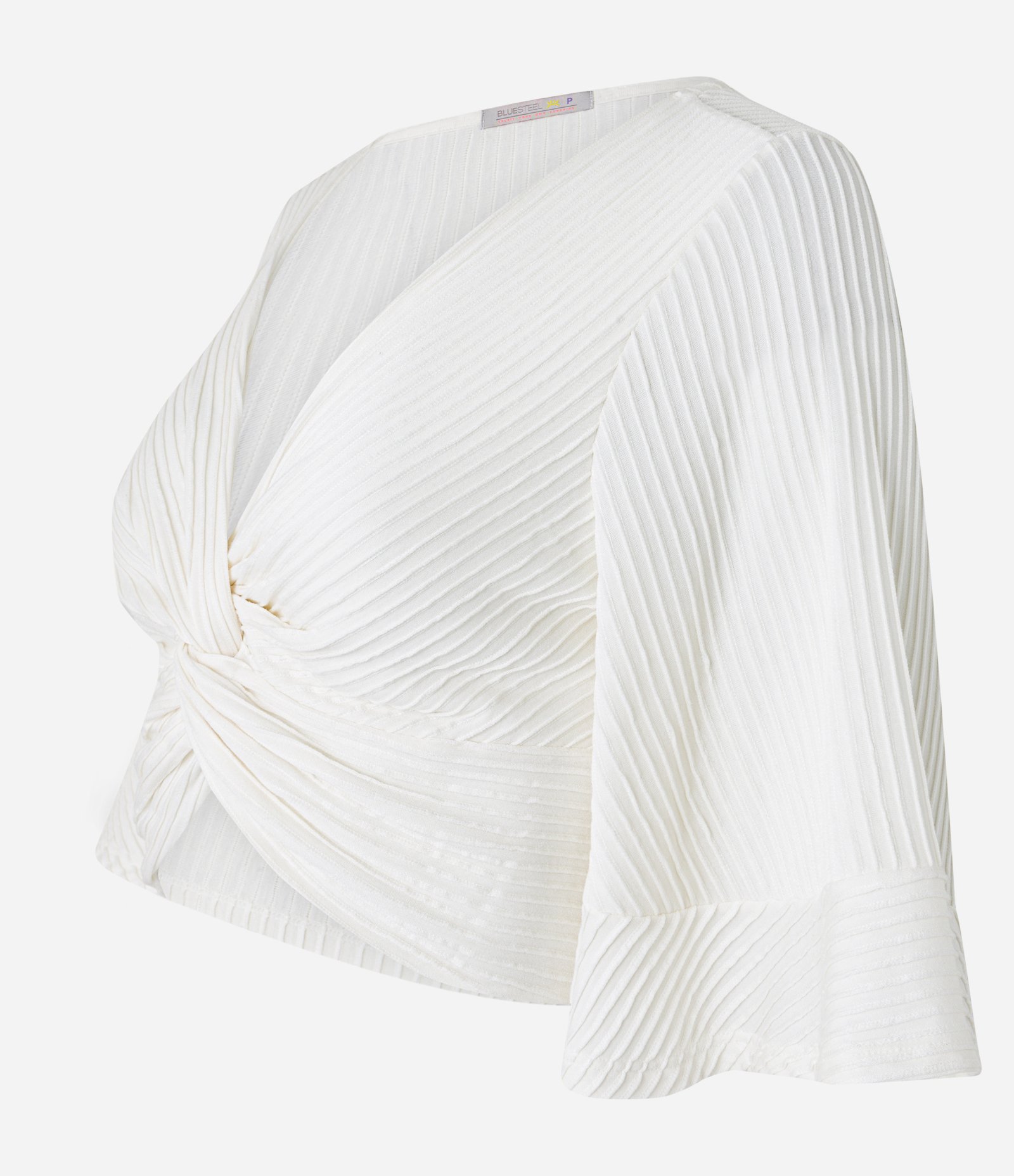 Blusa Cropped Texturizada com Decote Torcido e Manga Godê Branco 6
