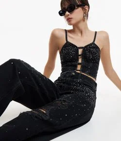 Top de Alça em Jeans com Frente Aberta e Brilho