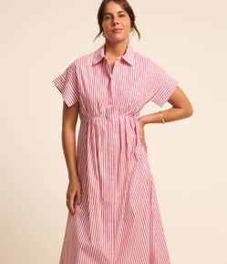 Vestido Midi em Tricoline com Cintura Marcada e Estampa Listras