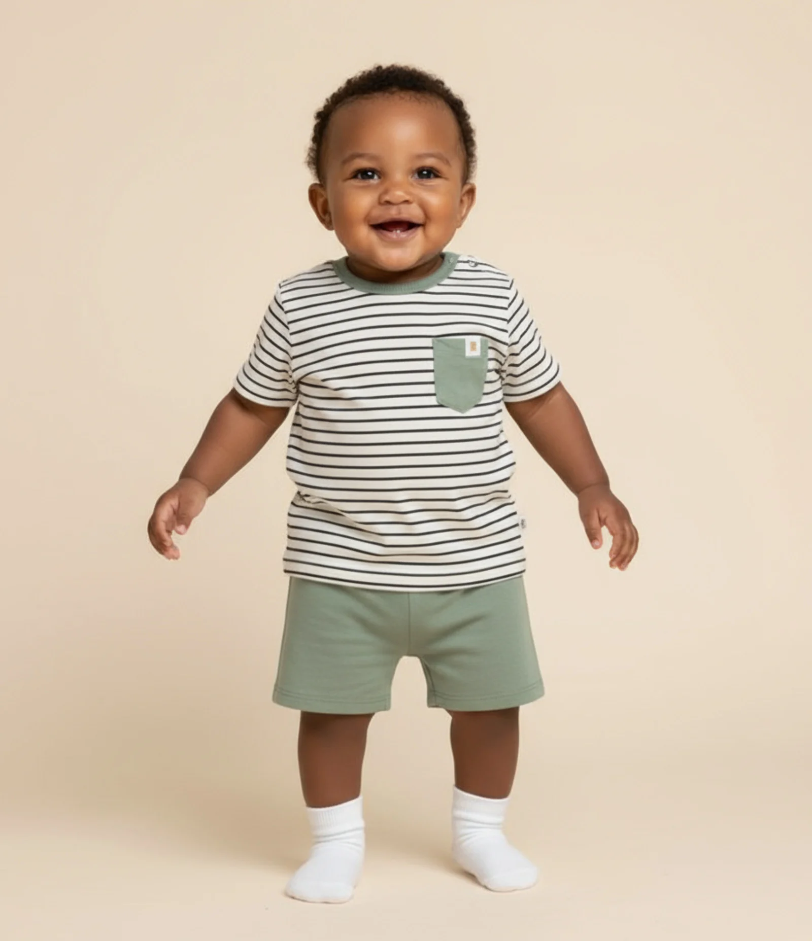 Conjunto Infantil em Algodão com Bolsinho e Estampa de Listras - Tam 0 a 18 meses Verde 1