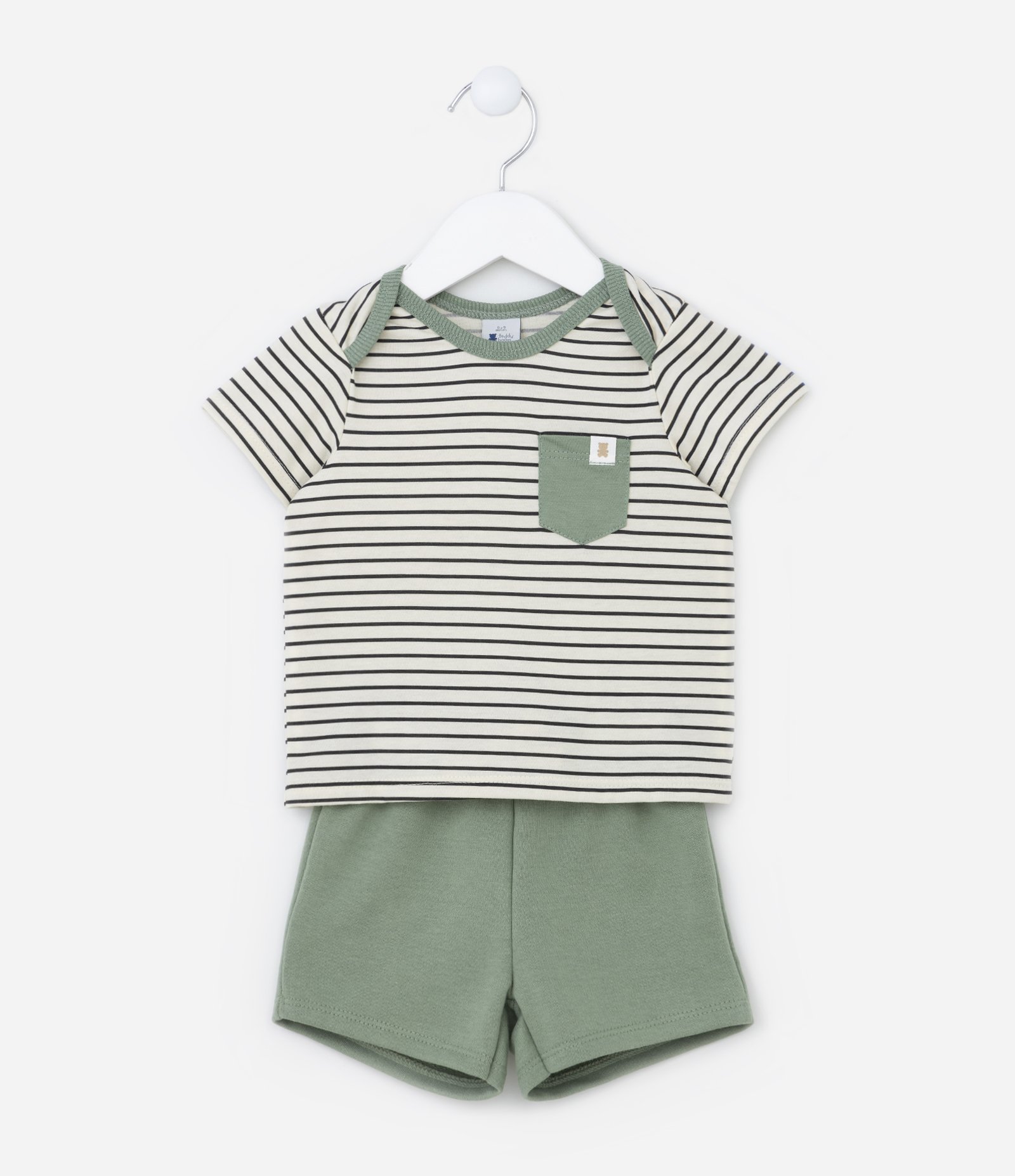 Conjunto Infantil em Algodão com Bolsinho e Estampa de Listras - Tam 0 a 18 meses Verde 1