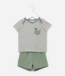 Conjunto Infantil em Algodão com Bolsinho e Estampa de Listras - Tam 0 a 18 meses