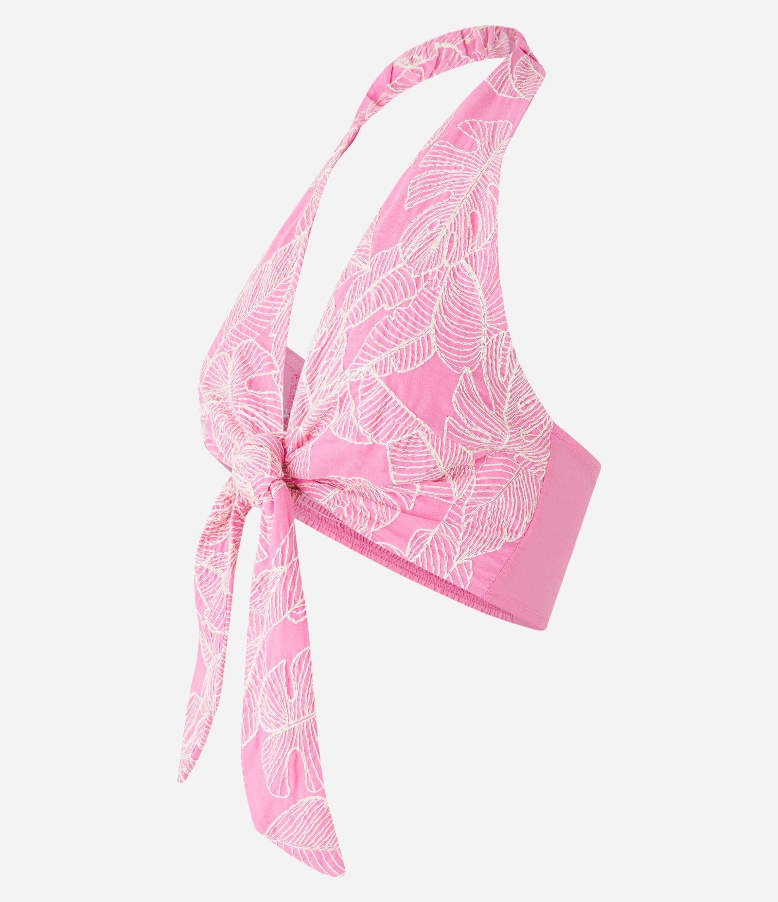 Top em Tricoline com Amarração e Folhagens Bordadas Rosa 7