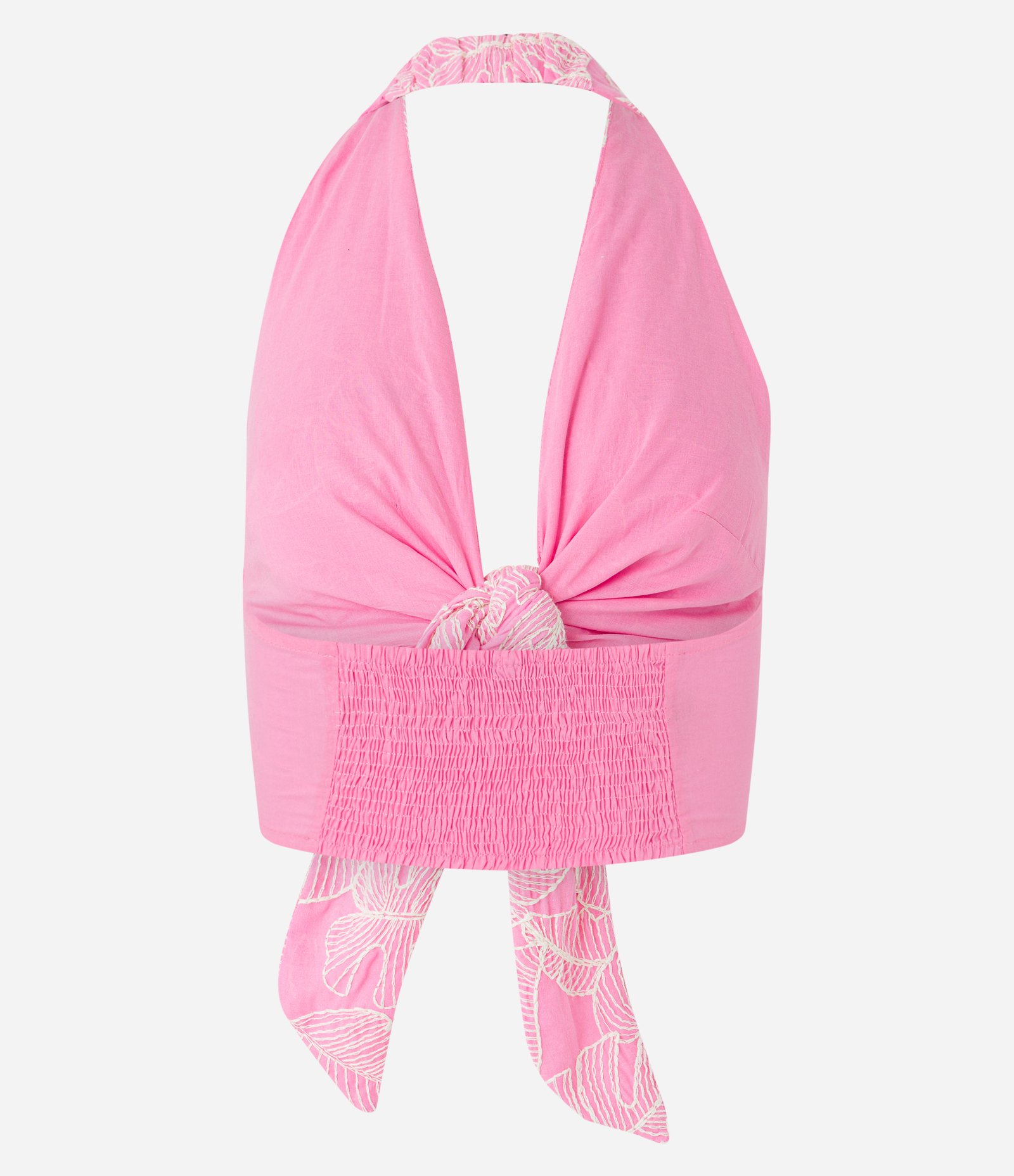 Top em Tricoline com Amarração e Folhagens Bordadas Rosa 8