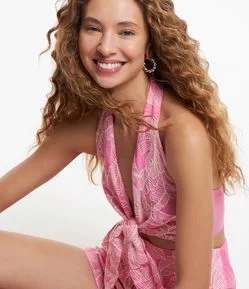 Top em Tricoline com Amarração e Folhagens Bordadas