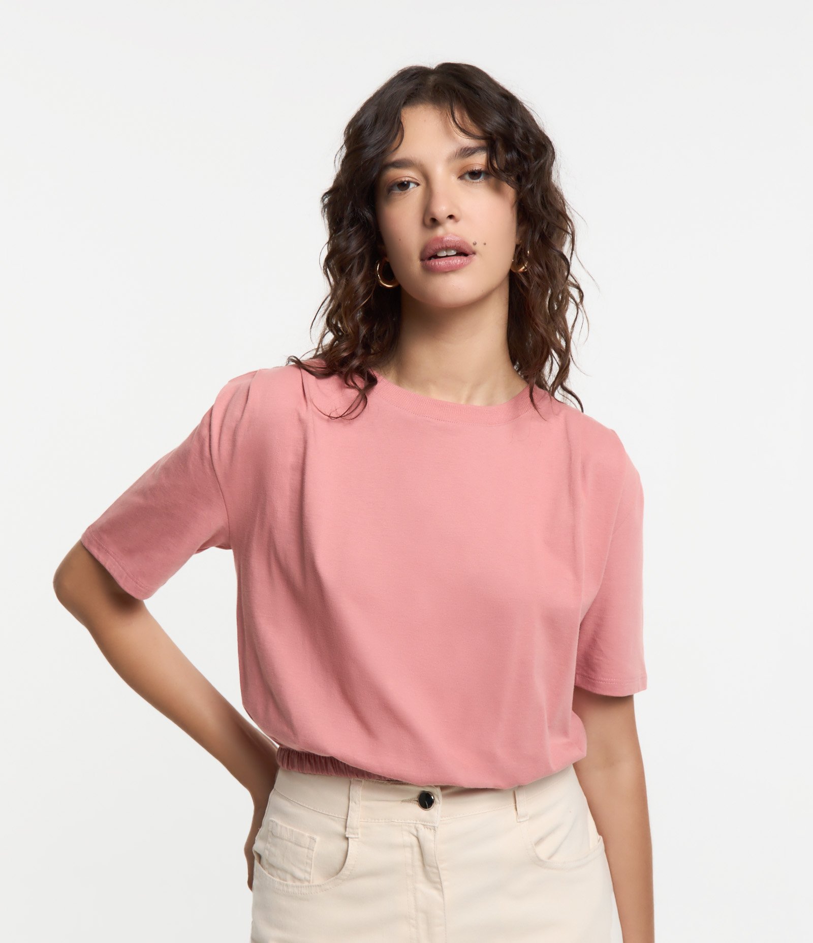 Blusa T-shirt em Algodão com Pregas no Ombro e Elástico na Barra Rosa 1