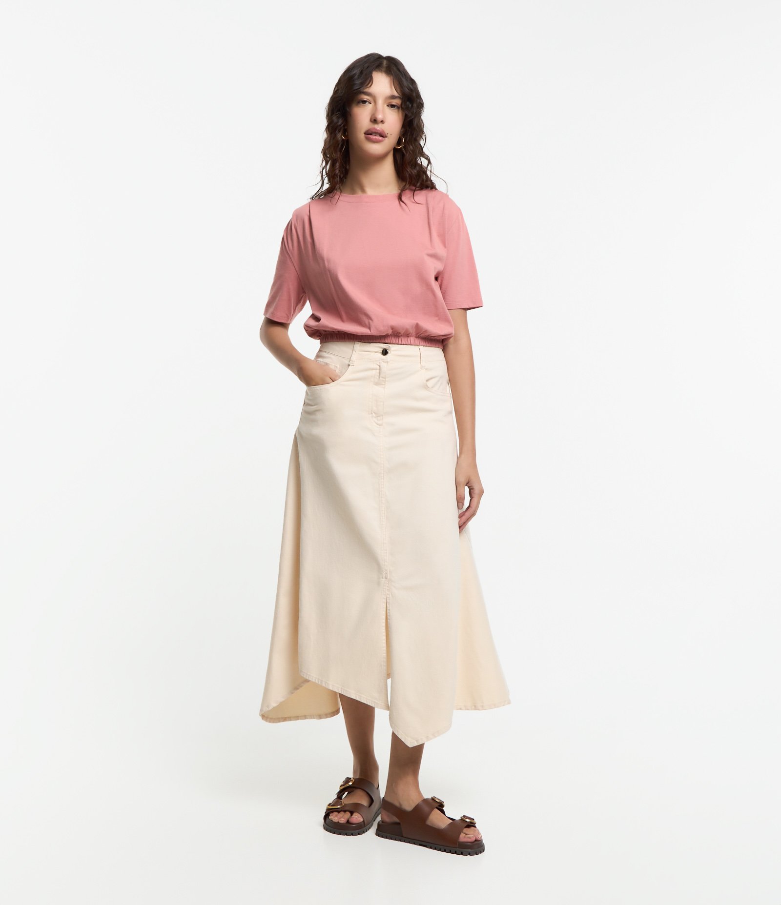 Blusa T-shirt em Algodão com Pregas no Ombro e Elástico na Barra Rosa 2