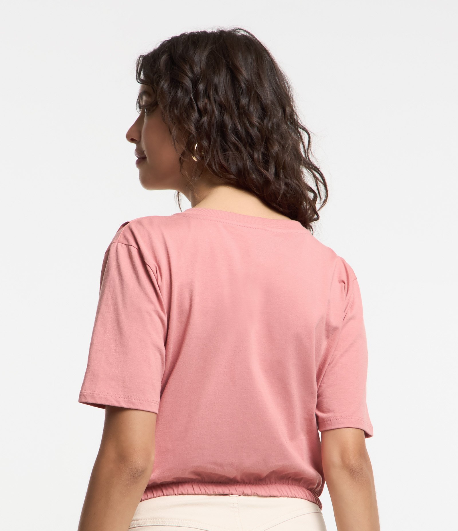 Blusa T-shirt em Algodão com Pregas no Ombro e Elástico na Barra Rosa 3