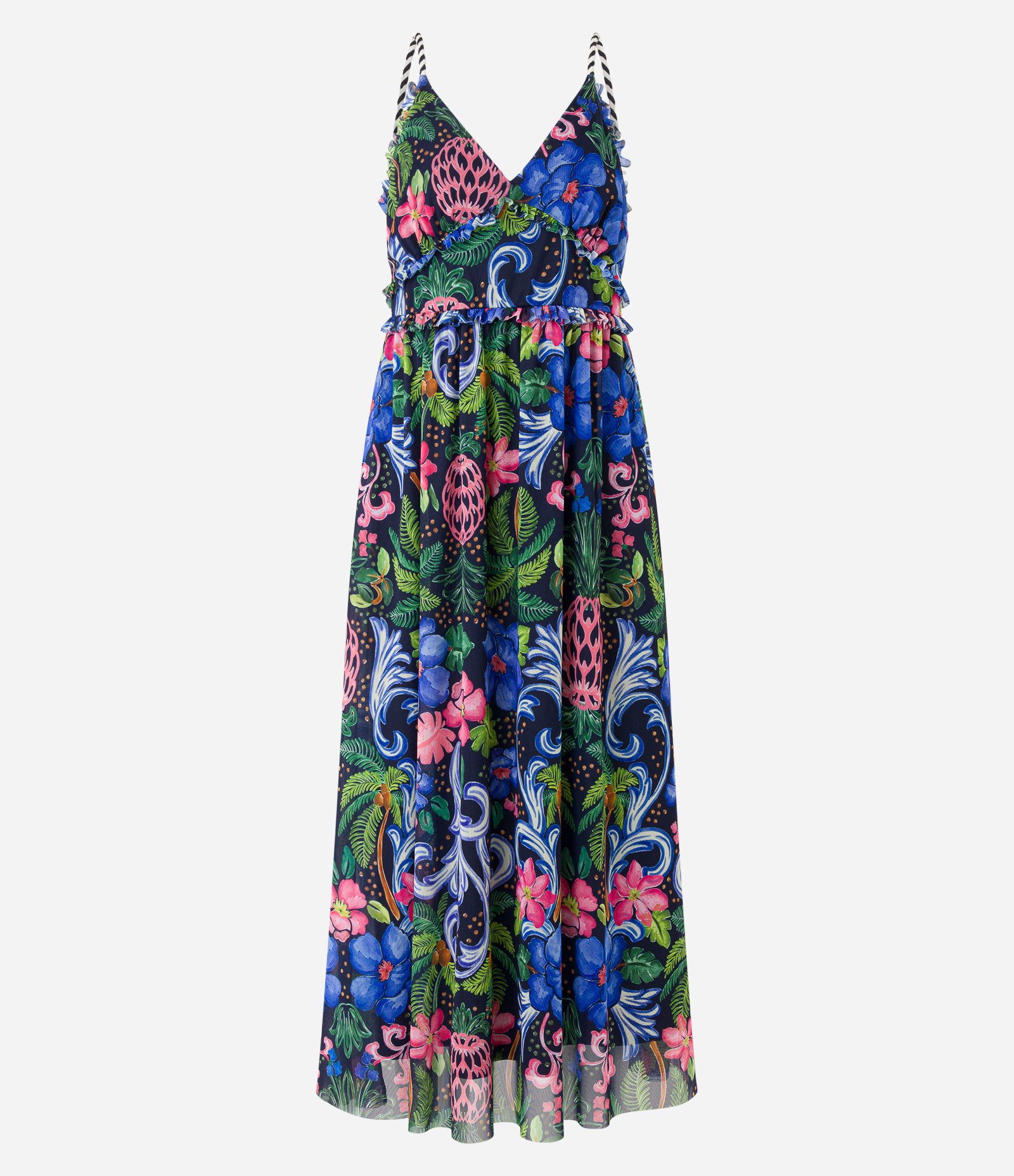 Vestido New Midi em Tule com Estampa Tropical Preto 5