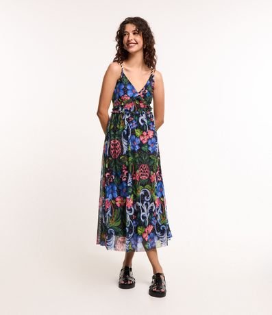Vestido New Midi em Tule com Estampa Tropical Menor preço em Vestido New Midi em Tule com Estampa Tropical