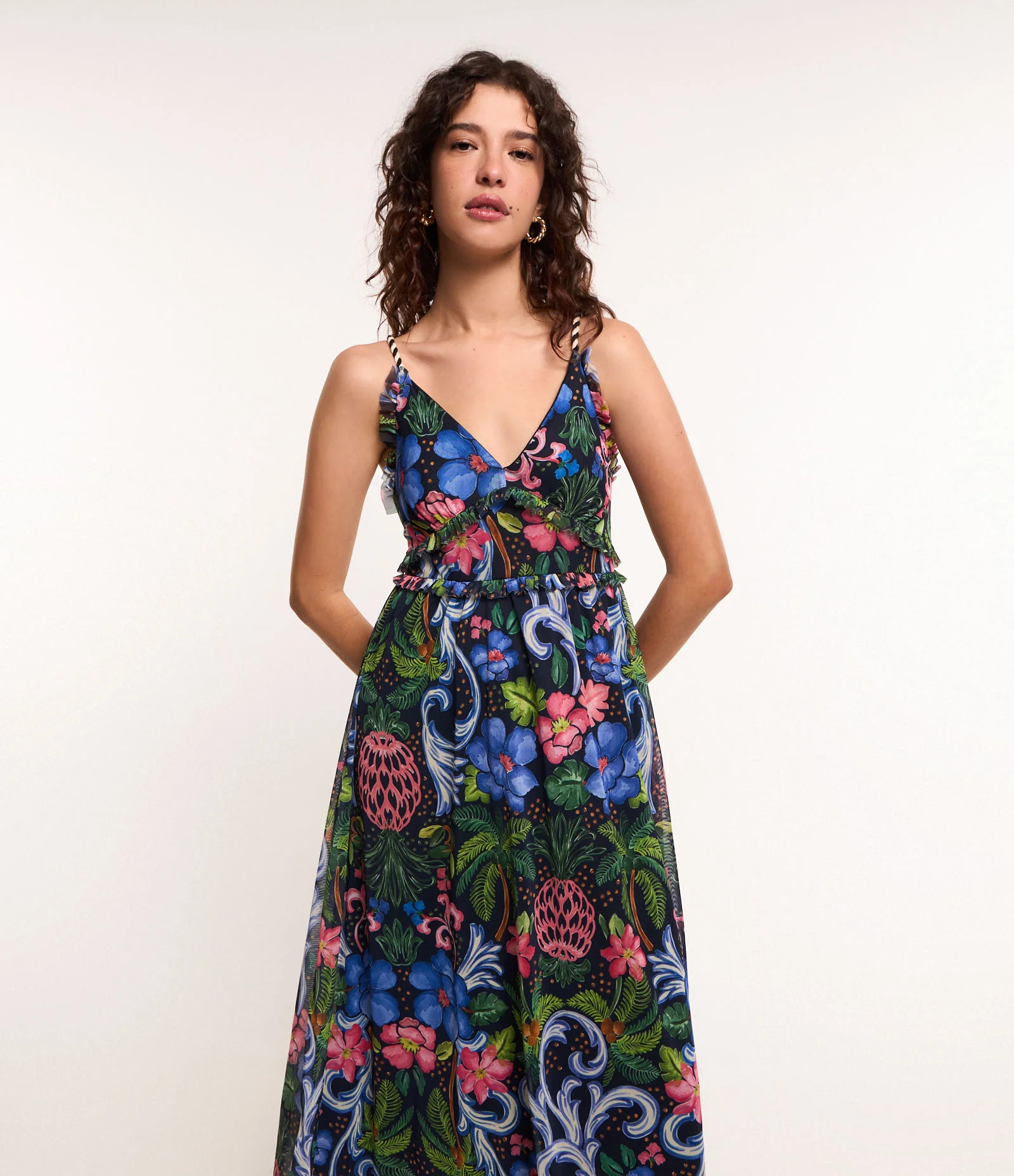 Vestido New Midi em Tule com Estampa Tropical Preto 2