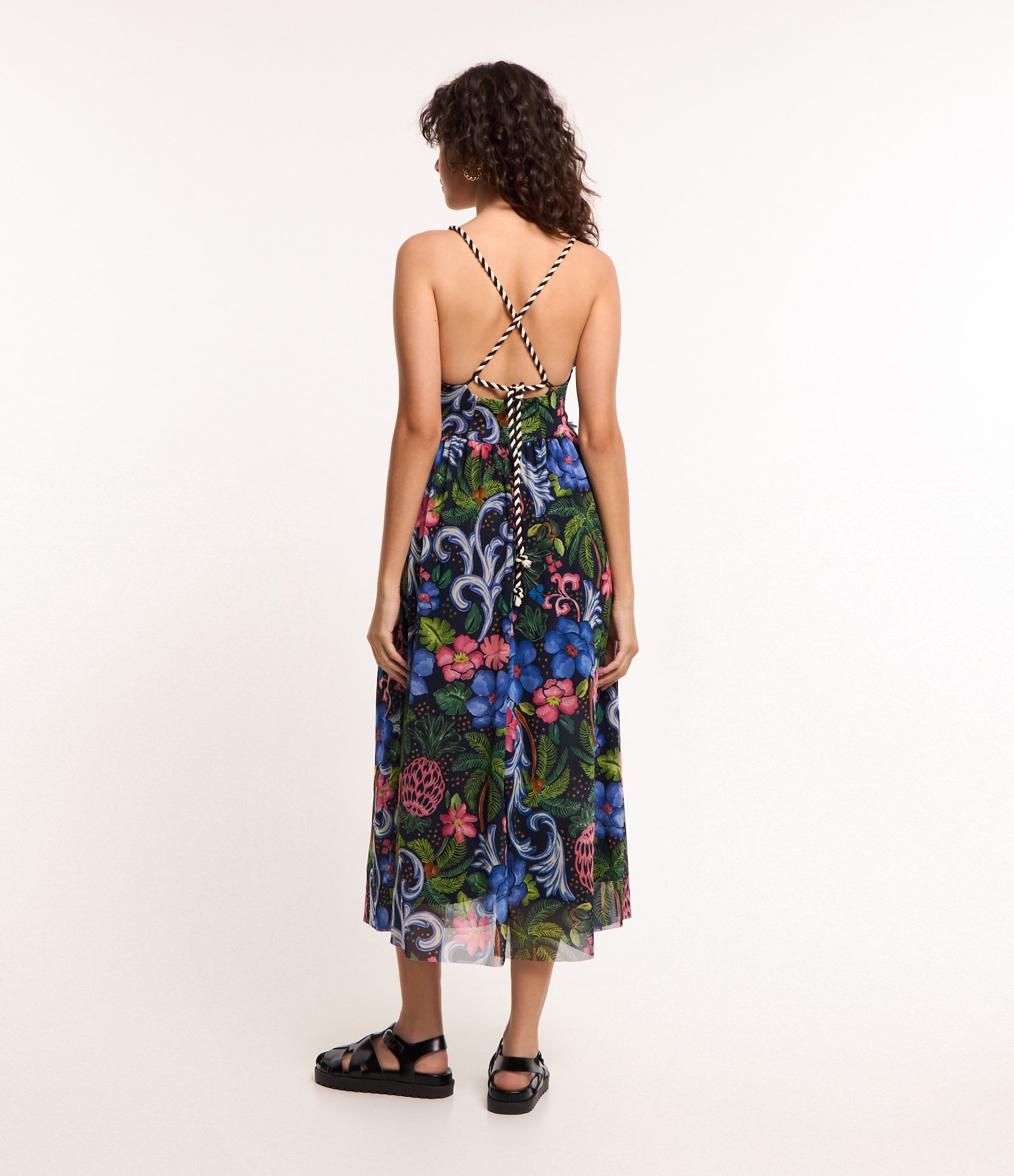 Vestido New Midi em Tule com Estampa Tropical Preto 3