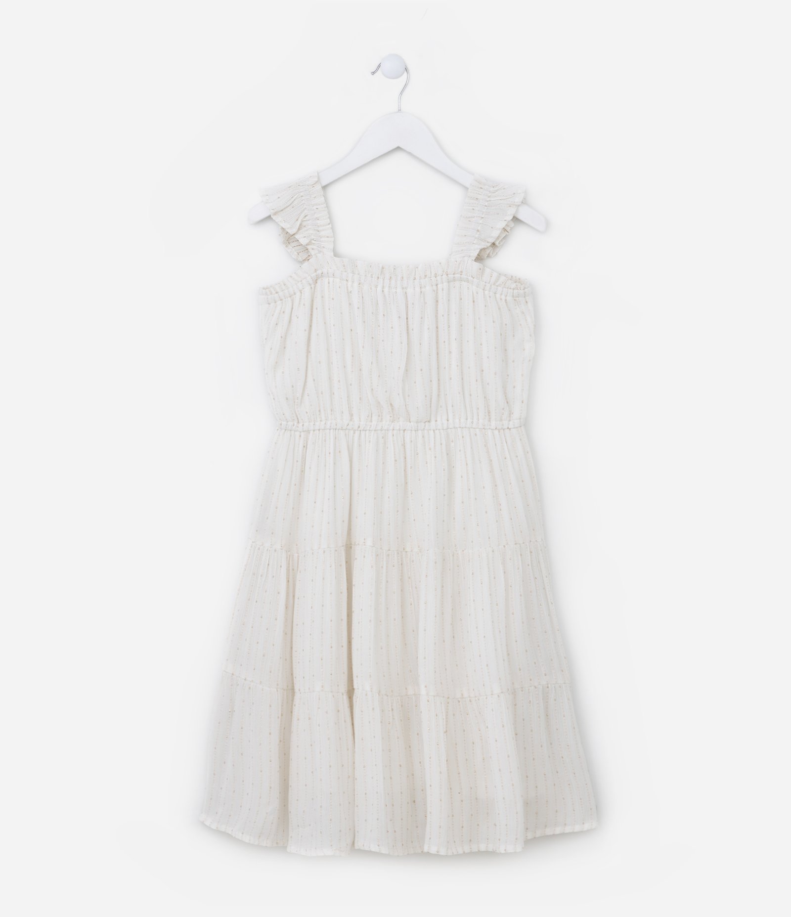 Vestido Infantil com Franzidos e Fio Metalizado - Tam 5 a 14 Anos Off White 1