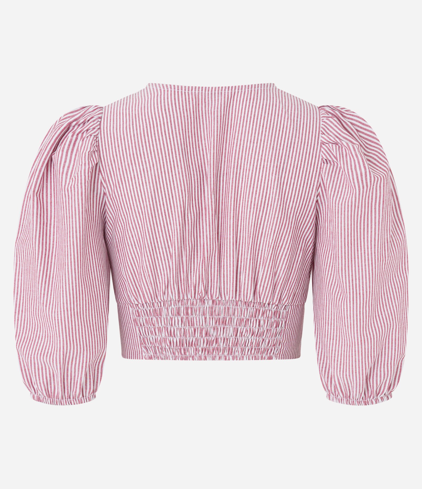 Blusa Cropped em Tricoline Listrado com Manga 3/4 e Fio Tinto Rosa 7