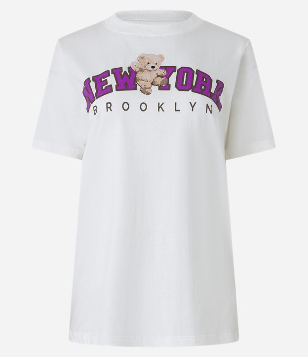 Camiseta Alongada em Algodão com Estampa Ursinho College New York Branco 5