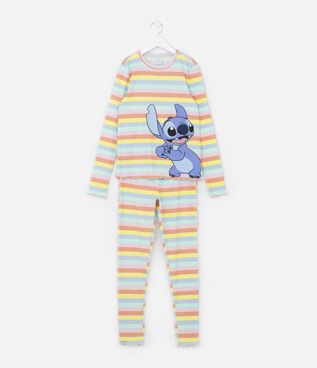 Pijama Infantil Longo Listrado Estampa Stitch - Tam 7 a 14 anos