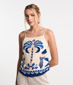 Blusa de Alça em Viscose com Estampa Tropical e Amarração nas Costas
