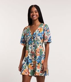 Macaquinho em Viscose e Linho com Estampa