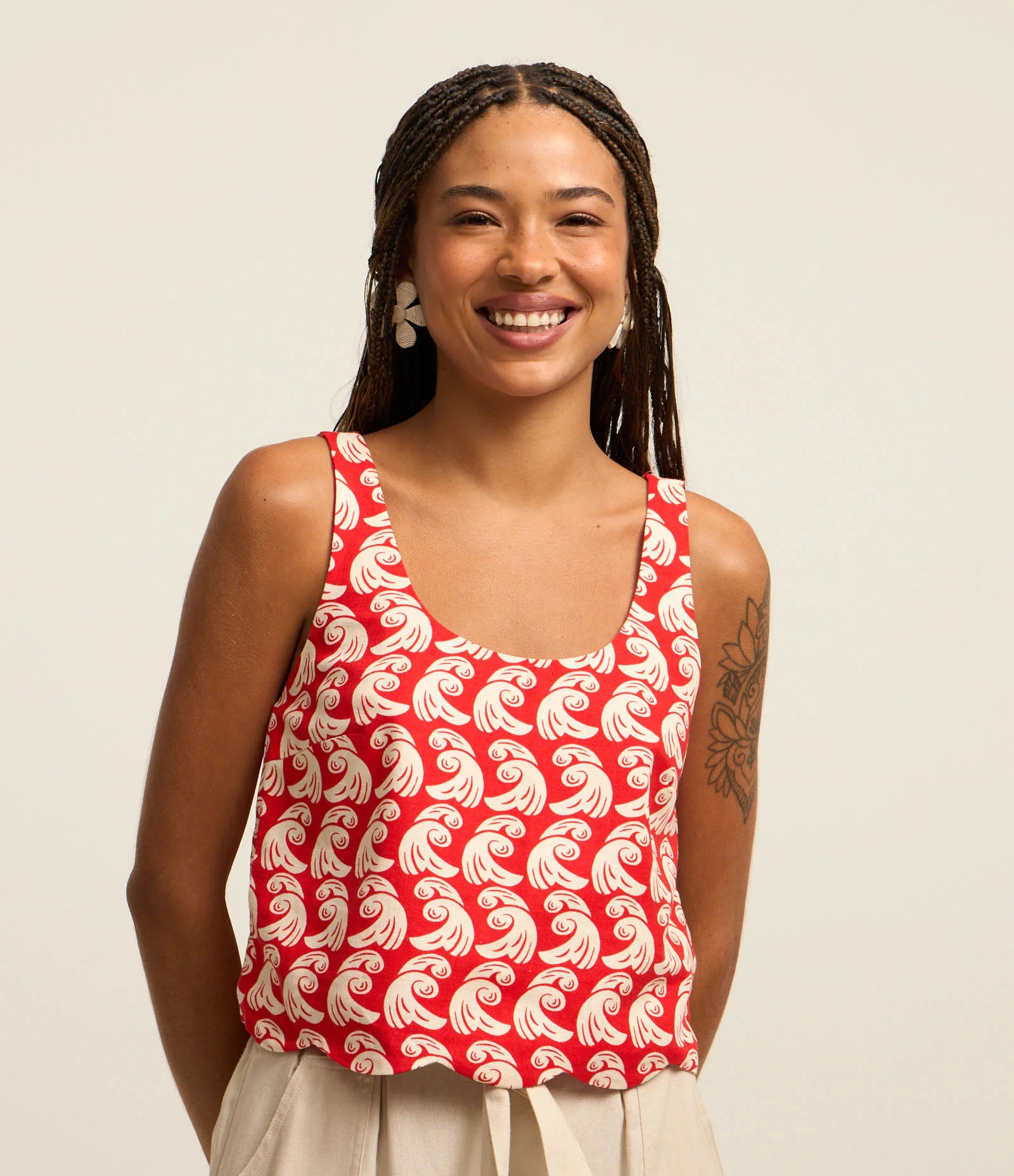 Blusa de Alça em Viscose e Linho e Estampa com Barra Ondulada Vermelho 1